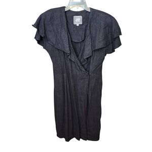 BEAU‎ DAVID Vtg 80's ruffled neckline wrap 100% Linen dress Sz 10